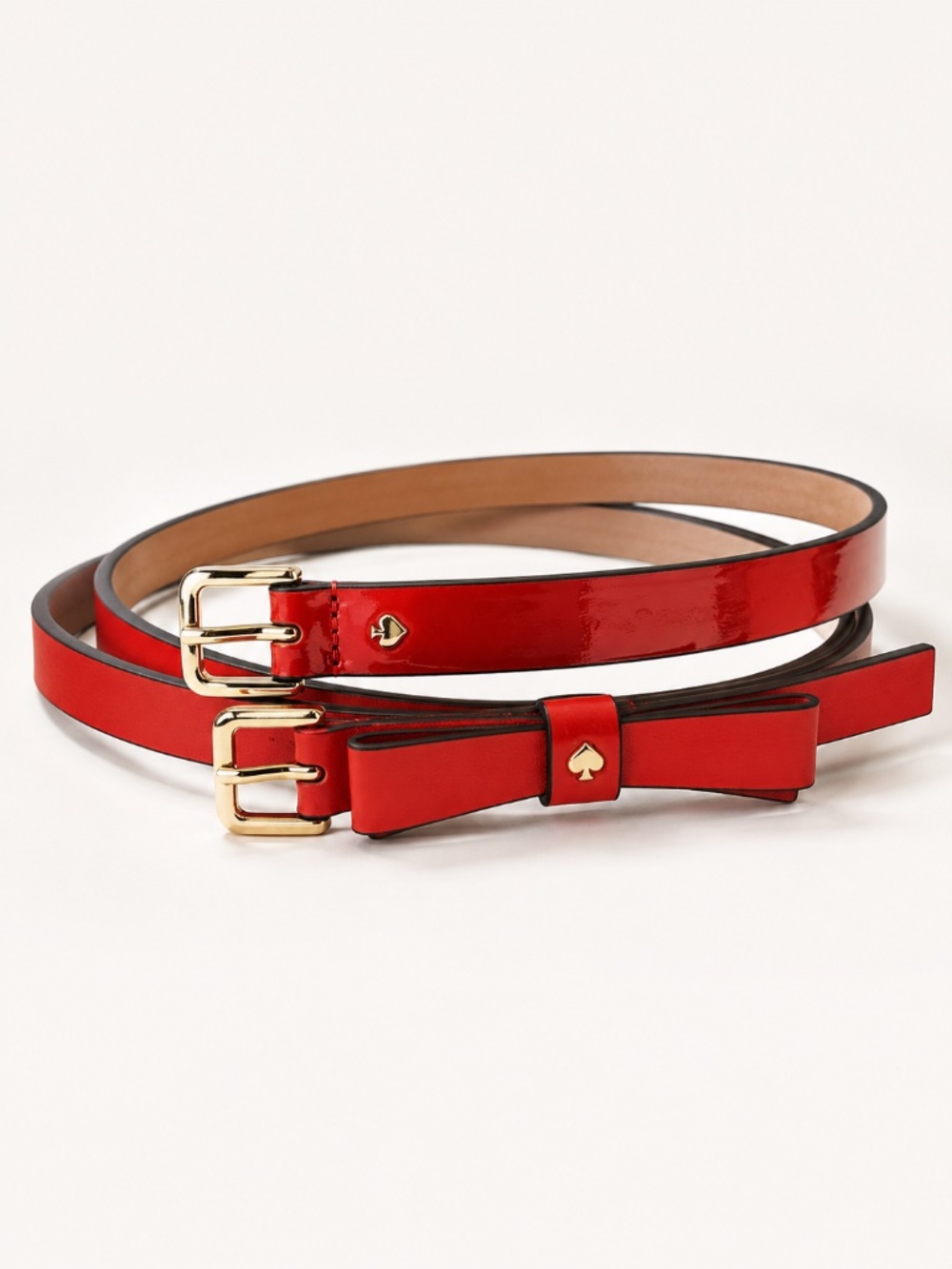 NWT Kate Spade Set 2 Red Skinny Thin Slim Belts Matte Patent Spade Bow